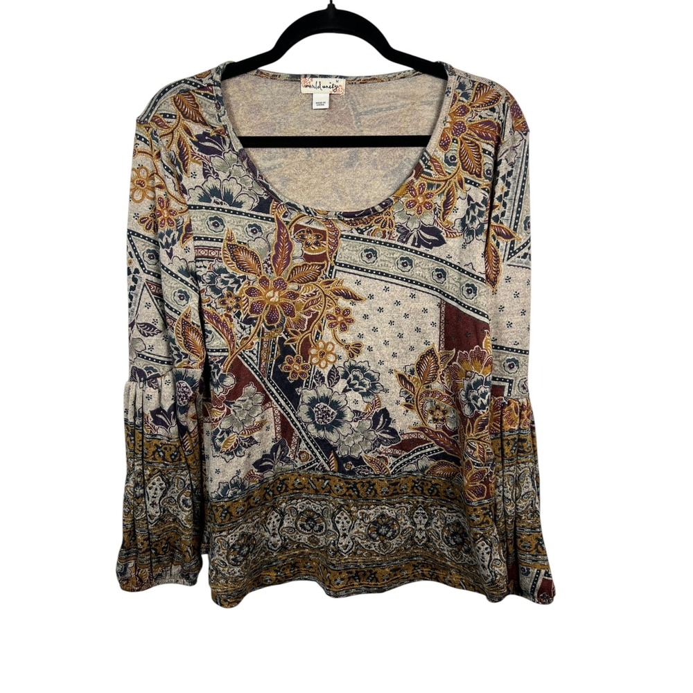 World Unity Floral Paisley Top Multicolor Boho Bell Sleeve Hippie Festival M